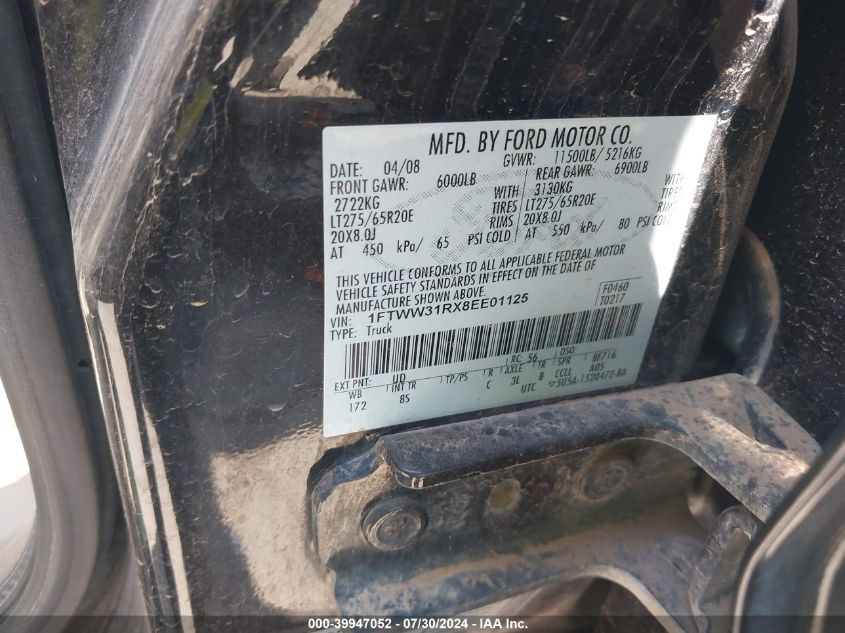 2008 Ford F350 Srw Super Duty VIN: 1FTWW31RX8EE01125 Lot: 39947052