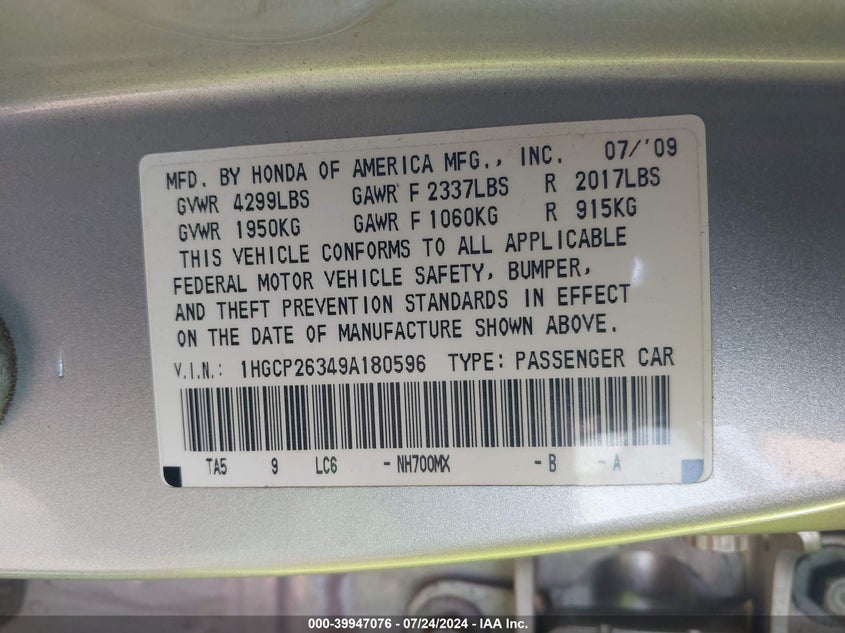 2009 Honda Accord 2.4 Lx VIN: 1HGCP26349A180596 Lot: 39947076