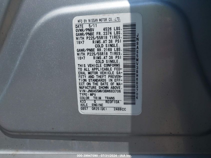 2011 Nissan Rogue Sv VIN: JN8AS5MV3BW683706 Lot: 39947090
