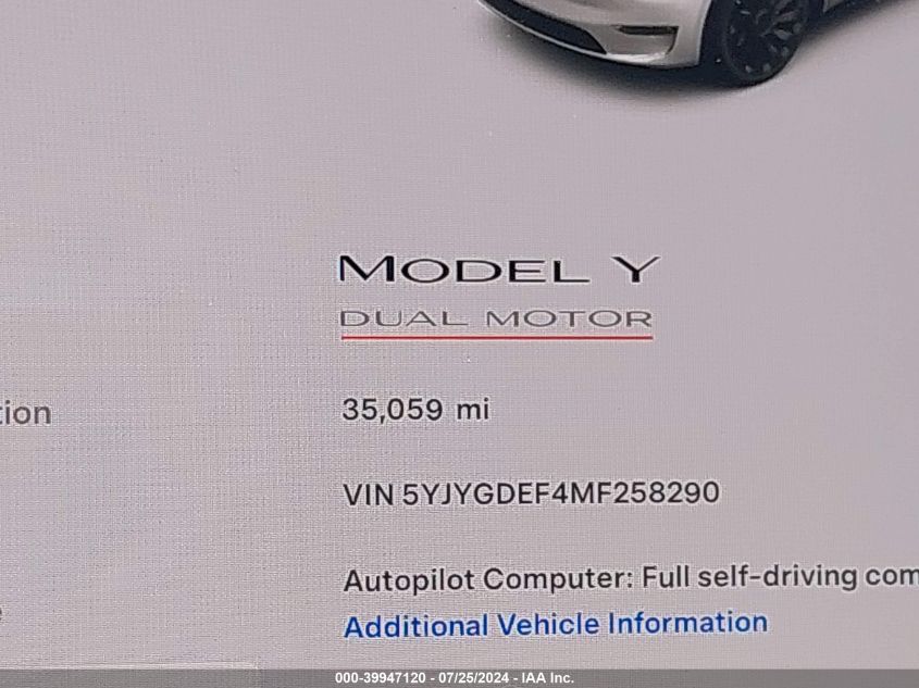 2021 Tesla Model Y Performance Dual Motor All-Wheel Drive VIN: 5YJYGDEF4MF258290 Lot: 39947120