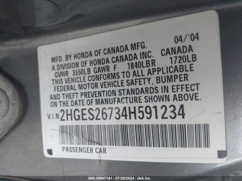 2004 Honda Civic Ex VIN: 2HGES26734H591234 Lot: 39947141