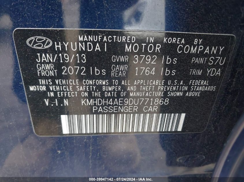 2013 Hyundai Elantra Gls VIN: KMHDH4AE9DU771868 Lot: 39947142