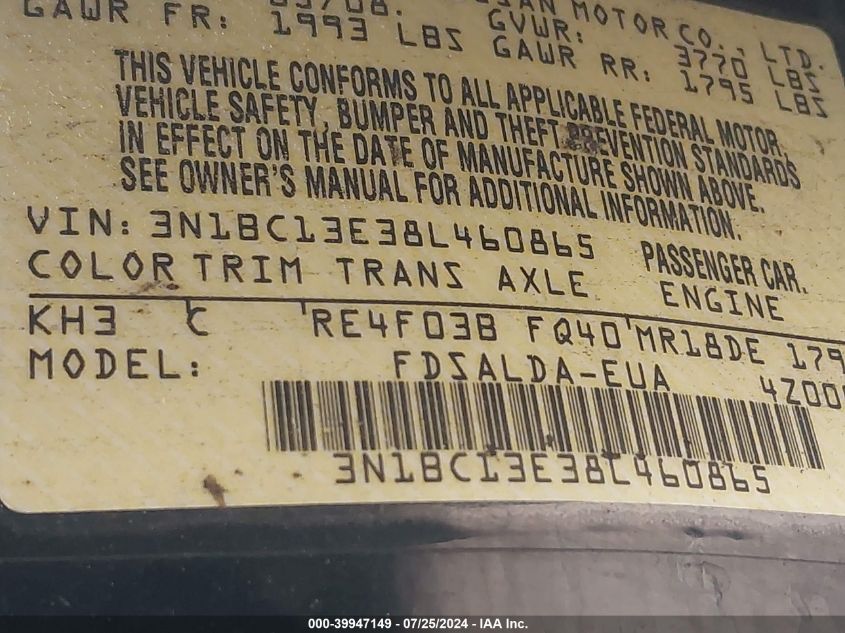 2008 Nissan Versa 1.8S VIN: 3N1BC13E38L460865 Lot: 39947149