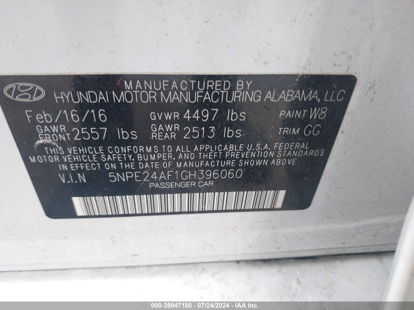 2016 Hyundai Sonata VIN: 5NPE24AF1GH396060 Lot: 39947180