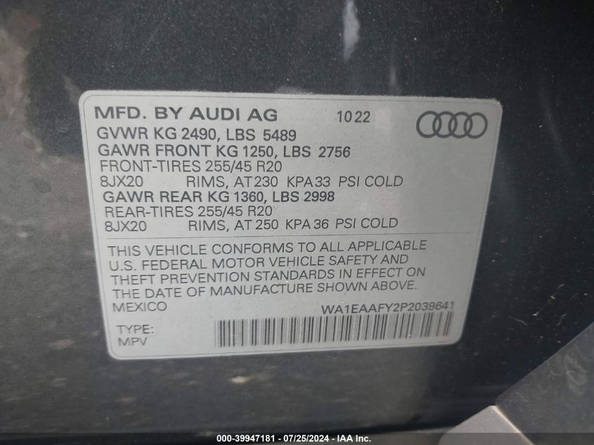 2023 Audi Q5 Premium Plus 45 Tfsi S Line Quattro VIN: WA1EAAFY2P2039641 Lot: 39947181