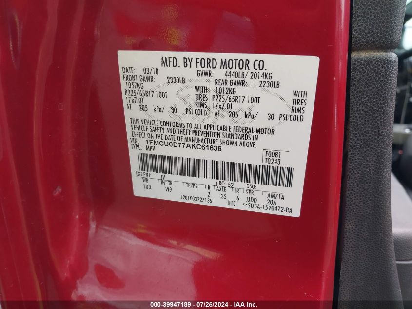 2010 Ford Escape Xlt VIN: 1FMCU0D77AKC61636 Lot: 39947189