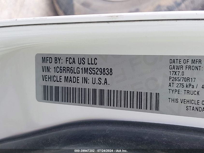 2021 Ram 1500 Classic Slt VIN: 1C6RR6LG1MS529838 Lot: 39947202