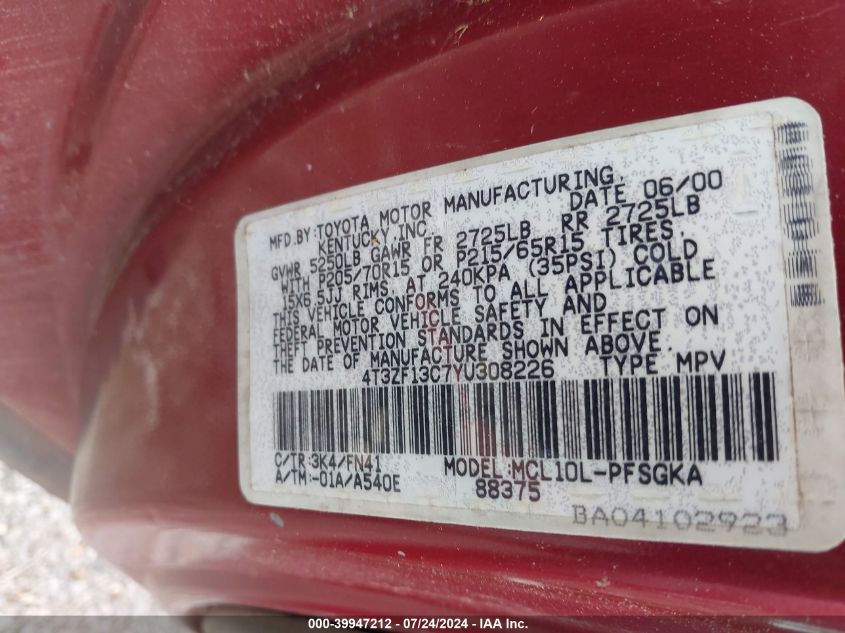 2000 Toyota Sienna Le VIN: 4T3ZF13C7YU308226 Lot: 39947212