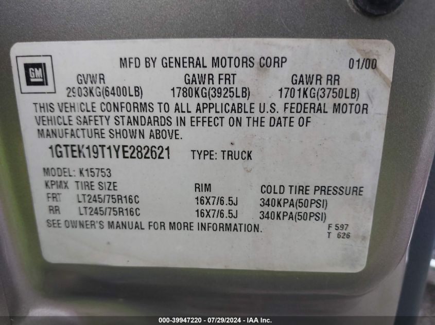 1GTEK19T1YE282621 | 2000 GMC SIERRA 1500