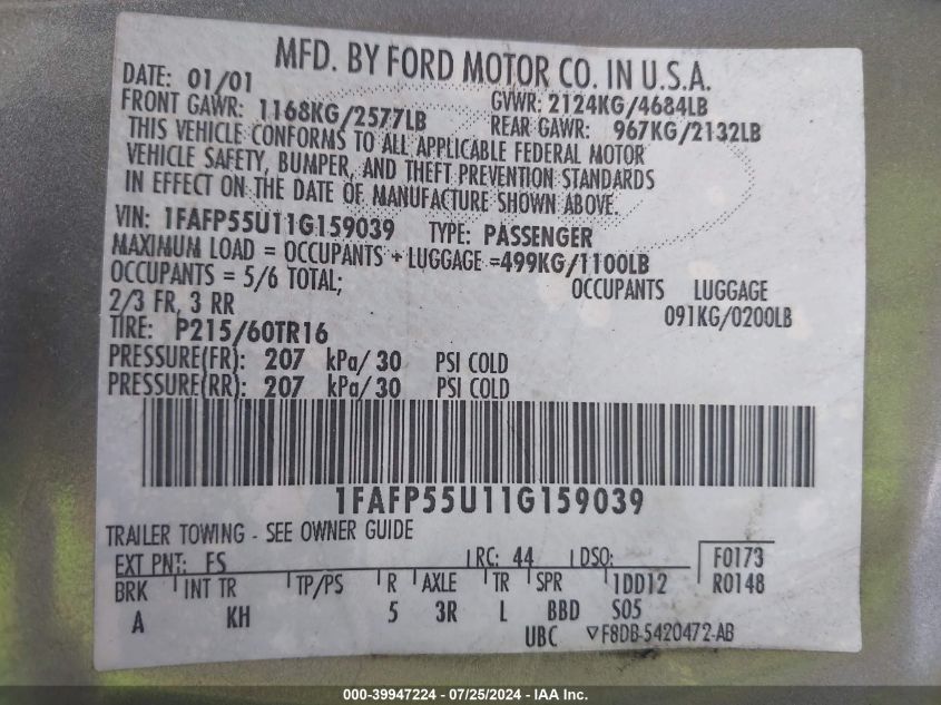 2001 Ford Taurus Ses VIN: 1FAFP55U11G159039 Lot: 39947224