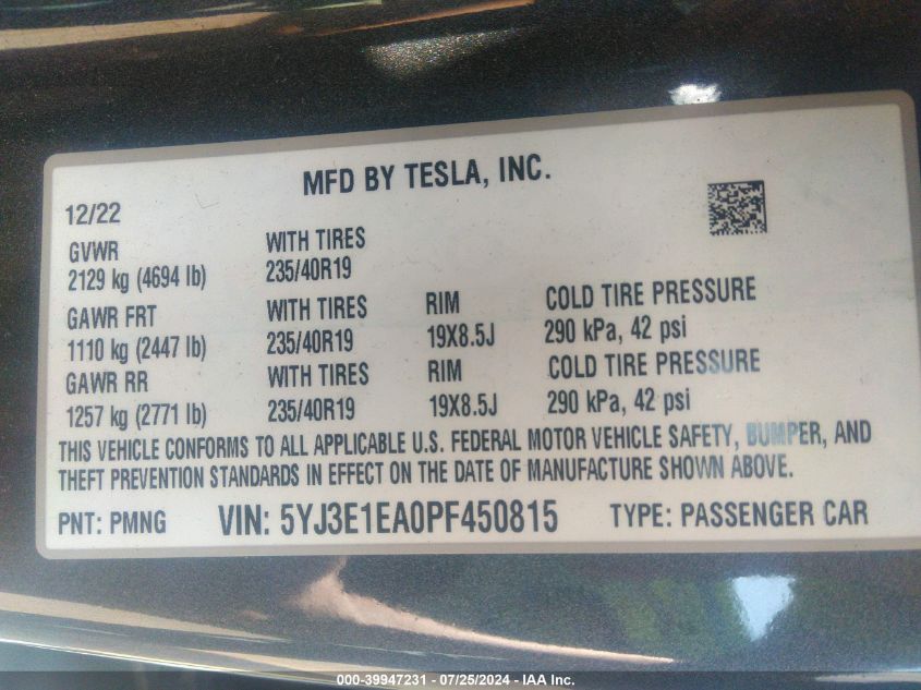 2023 Tesla Model 3 Rear-Wheel Drive VIN: 5YJ3E1EA0PF450815 Lot: 39947231