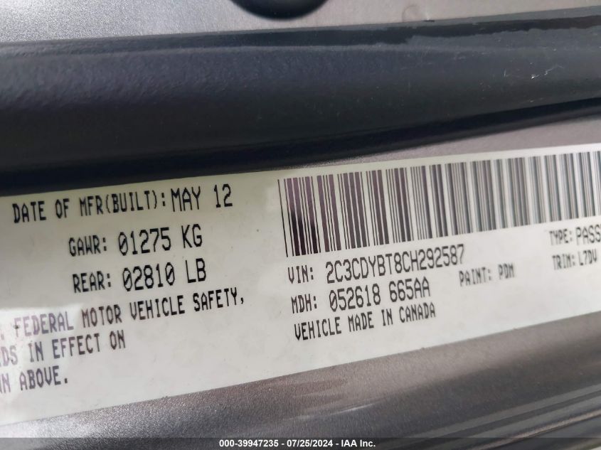 2012 Dodge Challenger R/T VIN: 2C3CDYBT8CH292587 Lot: 39947235