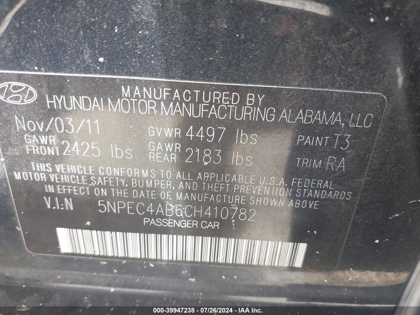 2012 Hyundai Sonata Se 2.0T VIN: 5NPEC4AB6CH410782 Lot: 39947238