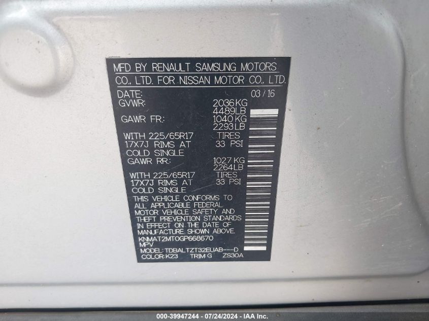 2016 Nissan Rogue Sv VIN: KNMAT2MT0GP668670 Lot: 39947244