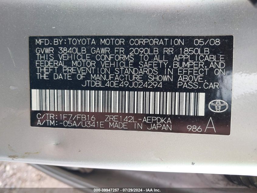 2009 Toyota Corolla Le VIN: JTDBL40E49J024294 Lot: 39947257