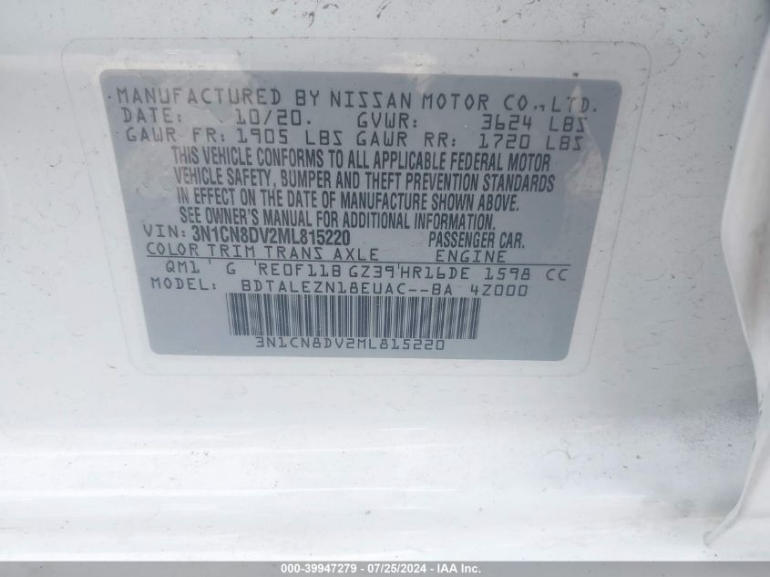 2021 Nissan Versa S Xtronic Cvt VIN: 3N1CN8DV2ML815220 Lot: 39947279