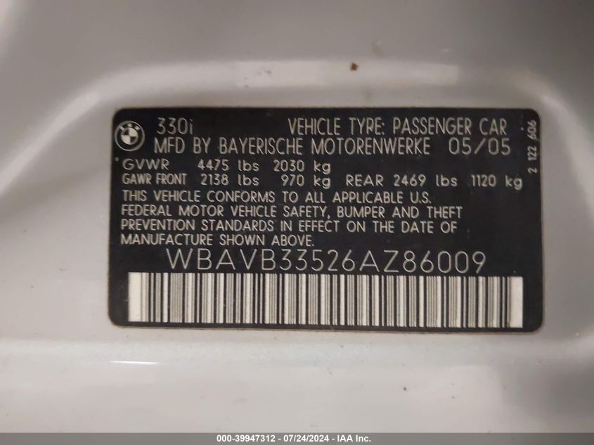 2006 BMW 330I VIN: WBAVB33526AZ86009 Lot: 39947312
