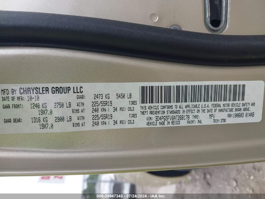 2010 Dodge Journey Sxt VIN: 3D4PG5FV6AT268178 Lot: 39947345