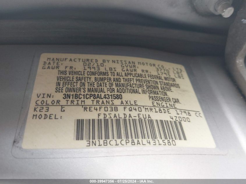 2010 Nissan Versa VIN: 431580 Lot: 39947356