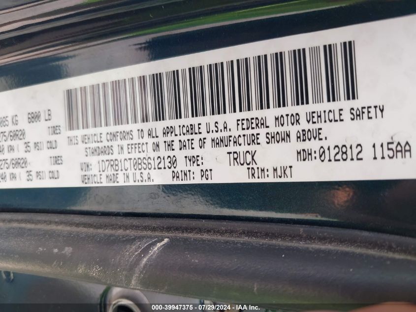 2011 Ram Ram 1500 Slt VIN: 1D7RB1CT0BS612130 Lot: 39947375