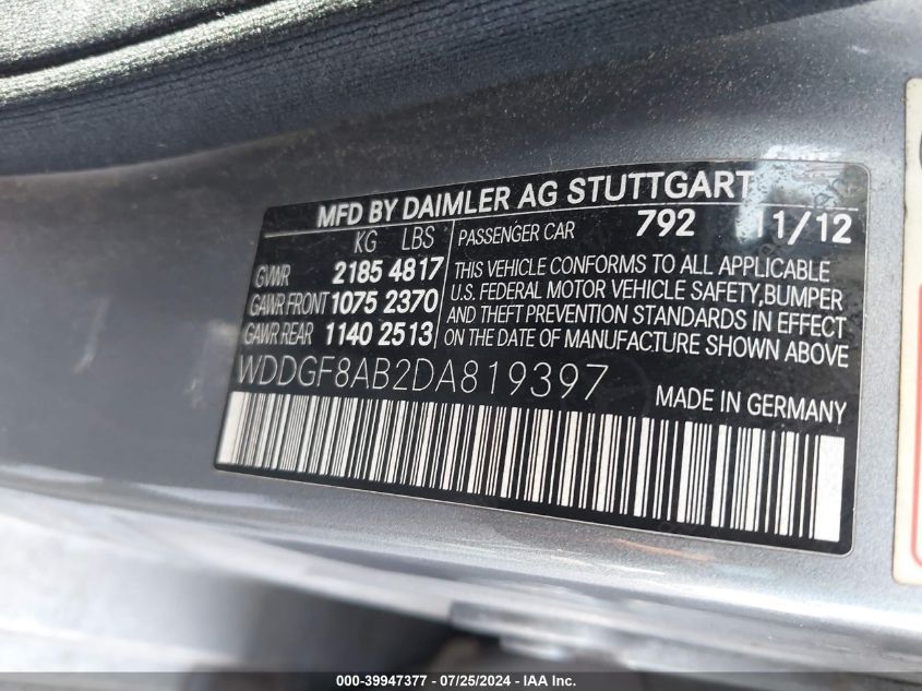 2013 Mercedes-Benz C 300 4Matic VIN: WDDGF8AB2DA819397 Lot: 39947377