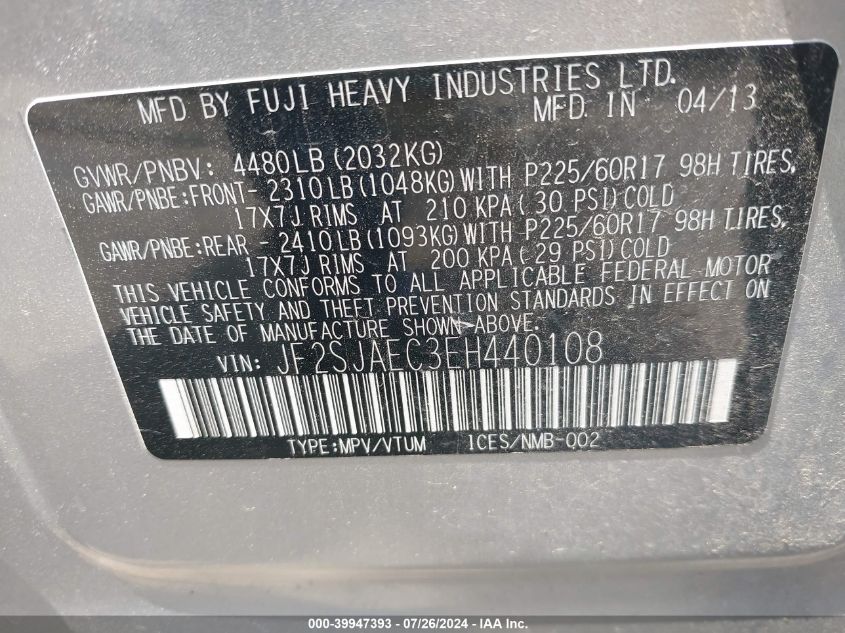 2014 Subaru Forester 2.5I Premium VIN: JF2SJAEC3EH440108 Lot: 39947393