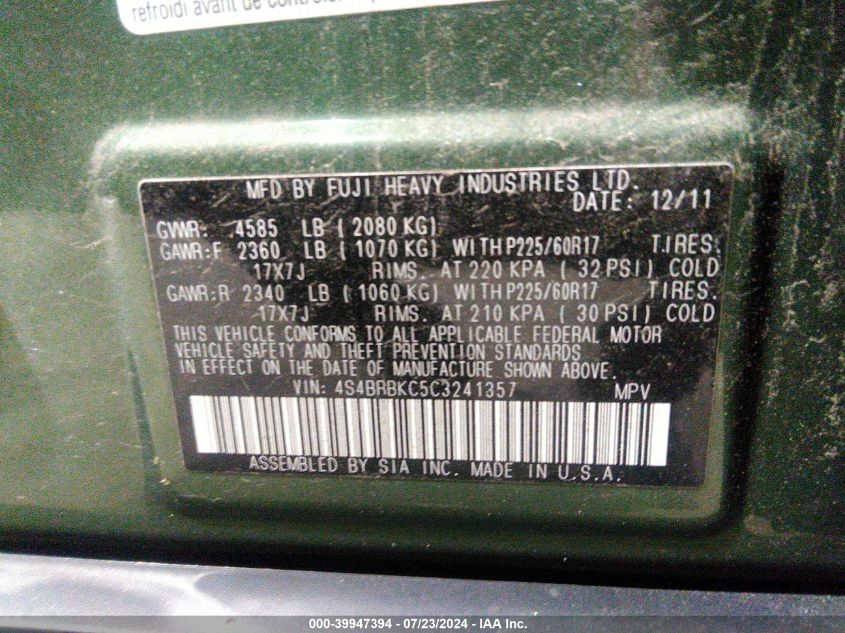 2012 Subaru Outback 2.5I Limited VIN: 4S4BRBKC5C3241357 Lot: 39947394