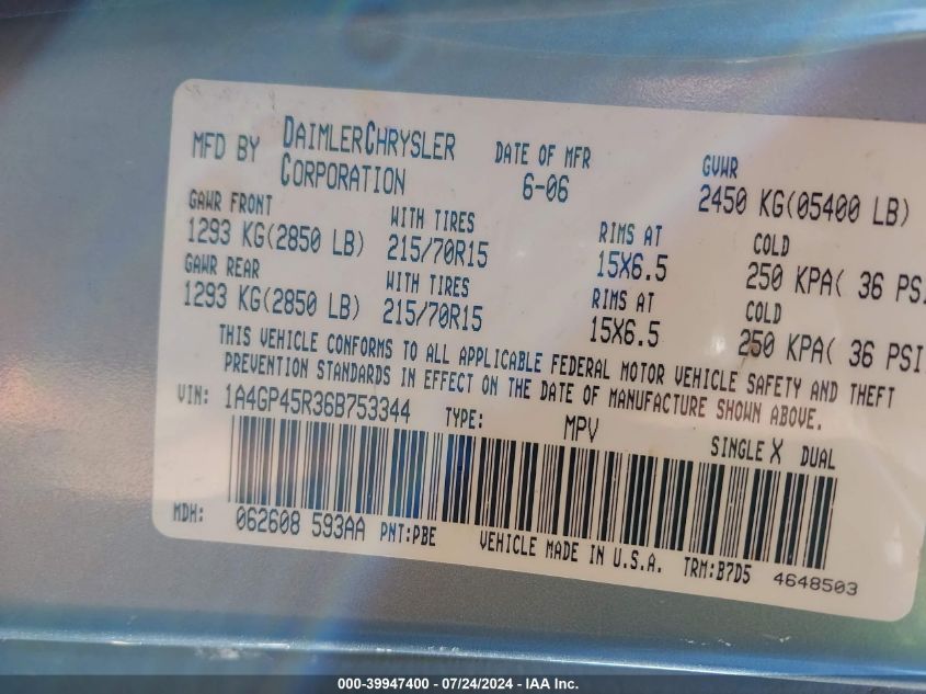 2006 Chrysler Town & Country VIN: 1A4GP45R36B753344 Lot: 39947400