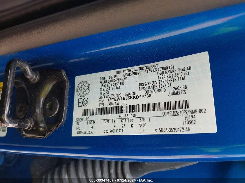 2019 Ford F-150 Xlt VIN: 1FTEW1E55KKD19738 Lot: 39947407