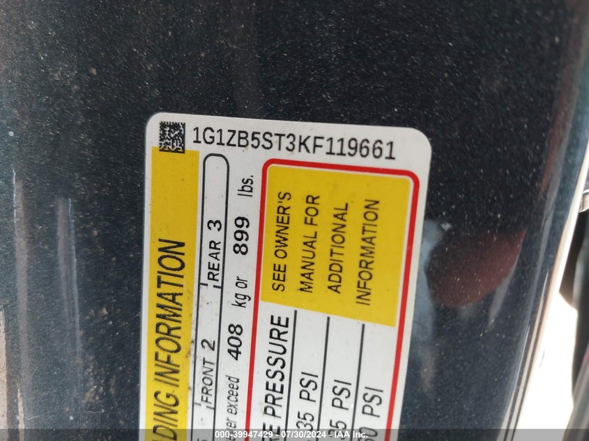 2019 CHEVROLET MALIBU VIN: 1G1ZB5ST3KF119661