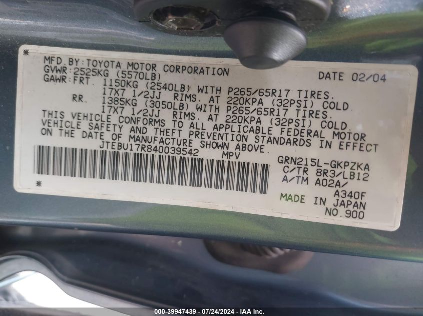 2004 Toyota 4Runner Limited V6 VIN: JTEBU17R840039542 Lot: 39947439