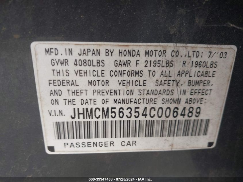 2004 Honda Accord 2.4 Lx VIN: JHMCM56354C006489 Lot: 39947438