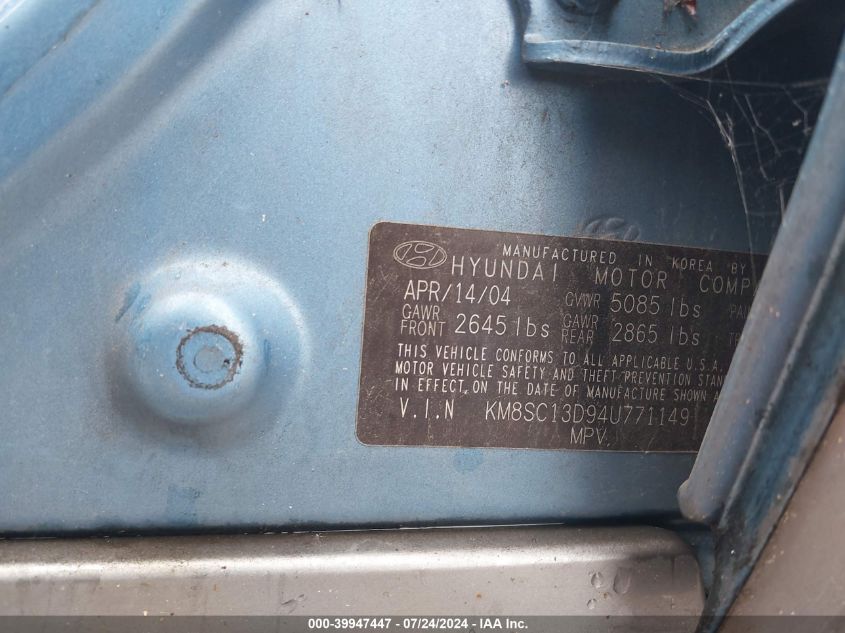 2004 Hyundai Santa Fe Gls VIN: KM8SC13D94U771149 Lot: 39947447