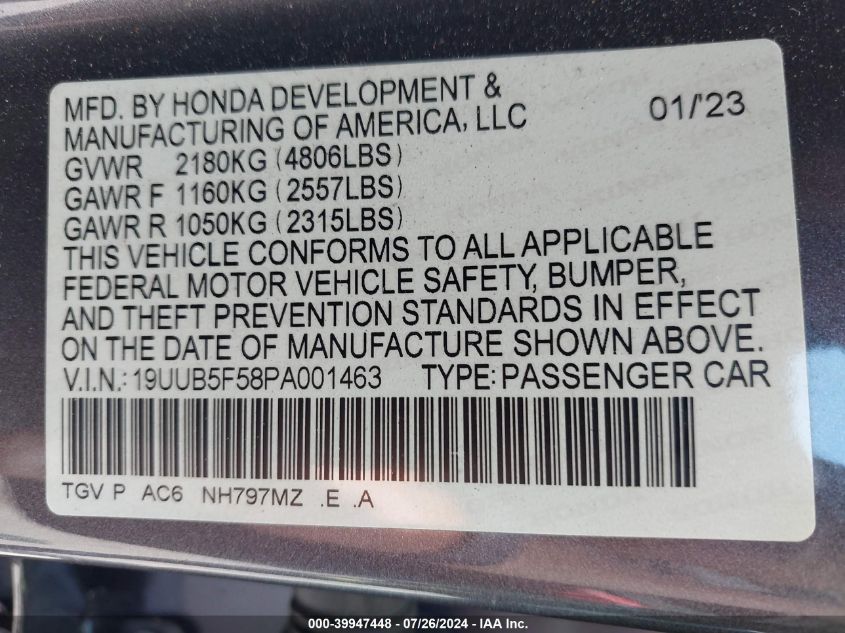 19UUB5F58PA001463 2023 Acura Tlx A-Spec Package