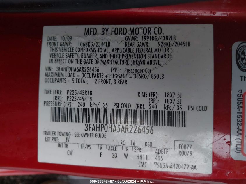 2010 Ford Fusion Se VIN: 3FAHP0HA5AR226456 Lot: 39947467