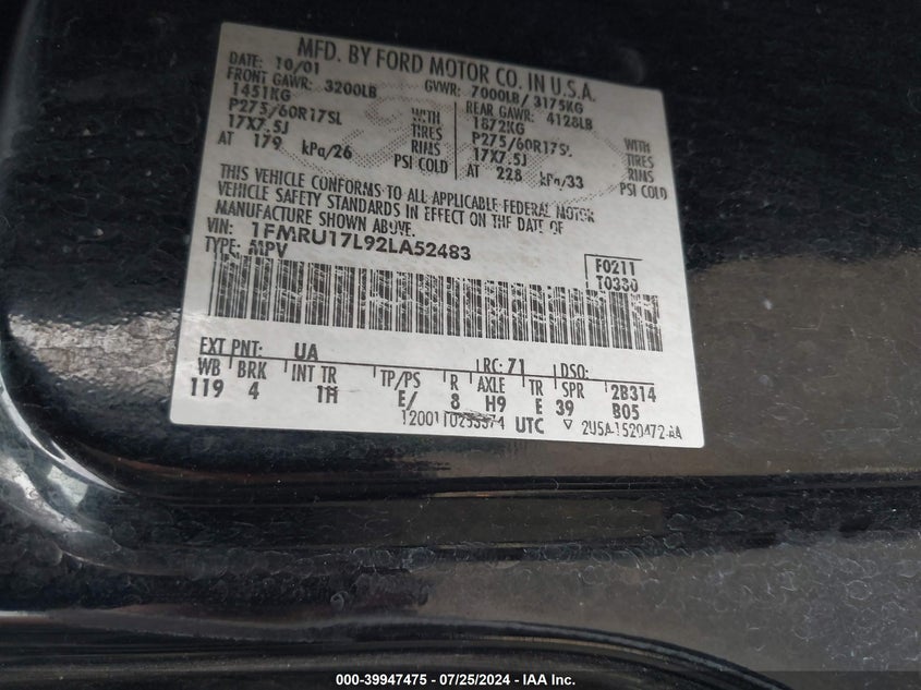 2002 Ford Expedition Eddie Bauer VIN: 1FMRU17L92LA52483 Lot: 39947475