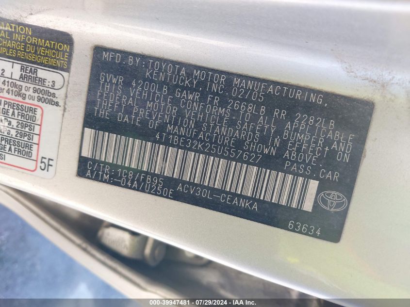 4T1BE32K25U557627 2005 Toyota Camry Le/Se/Std/Xle