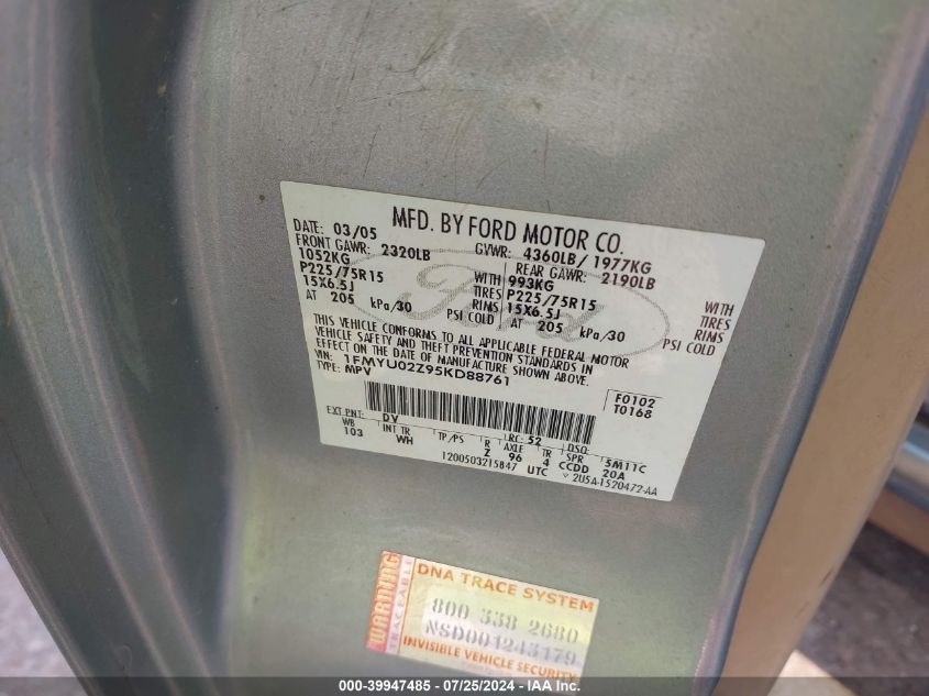 2005 Ford Escape Xls VIN: 1FMYU02Z95KD88761 Lot: 39947485