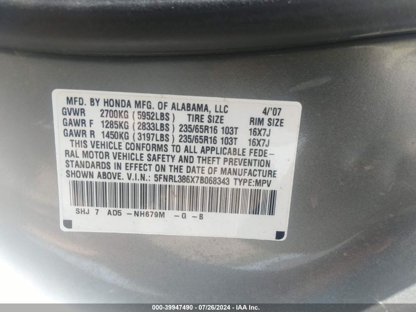 2007 Honda Odyssey Ex-L VIN: 5FNRL386X7B068343 Lot: 39947490