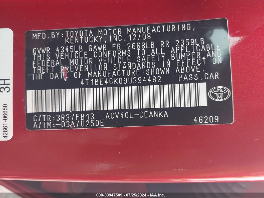 2009 Toyota Camry Se/Le/Xle VIN: 4T1BE46K09U394482 Lot: 39947509