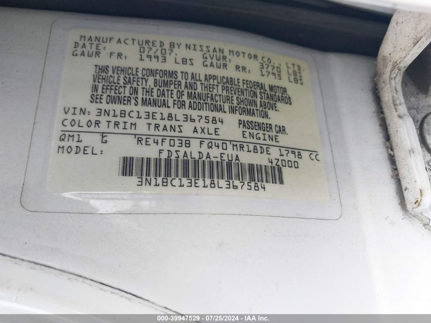 2008 Nissan Versa 1.8S VIN: 3N1BC13E18L367584 Lot: 39947529