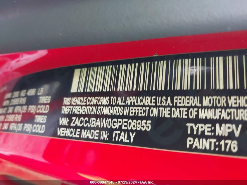 2016 Jeep Renegade Sport VIN: ZACCJBAW0GPE06955 Lot: 39947548