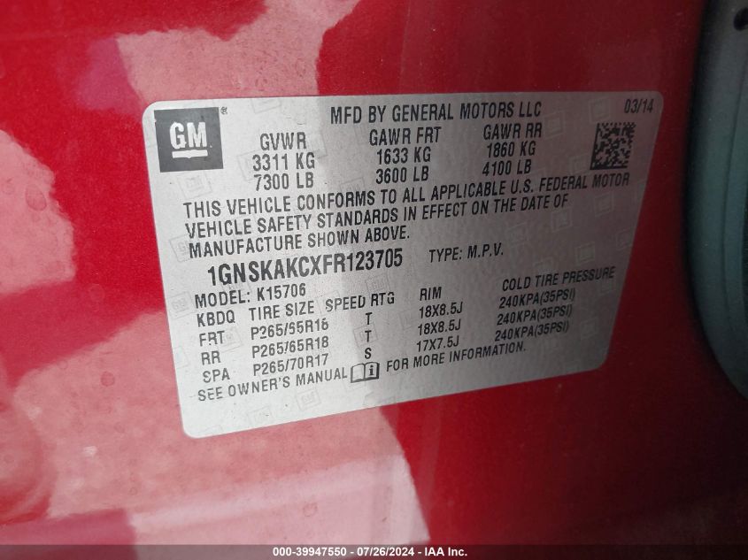 2015 Chevrolet Tahoe Ls VIN: 1GNSKAKCXFR123705 Lot: 39947550