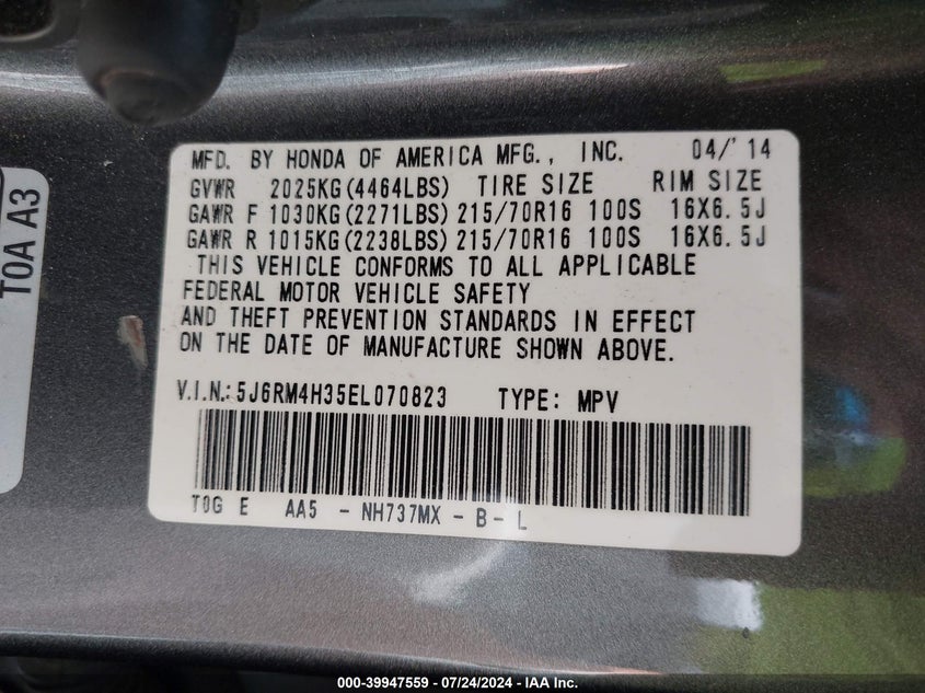 2014 Honda Cr-V Lx VIN: 5J6RM4H35EL070823 Lot: 39947559