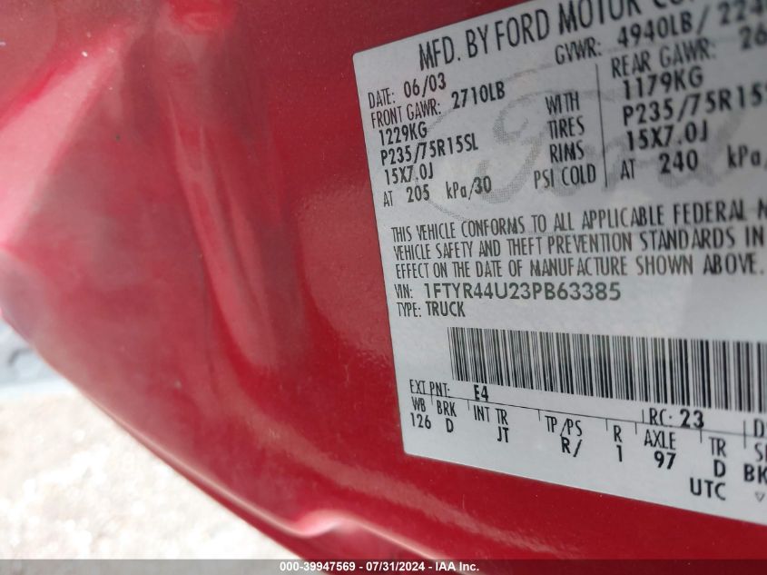2003 Ford Ranger Edge/Tremor/Xlt VIN: 1FTYR44U23PB63385 Lot: 39947569