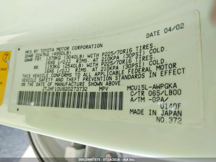 2002 Lexus Rx 300 300 VIN: JTJHF10U820273732 Lot: 39947575