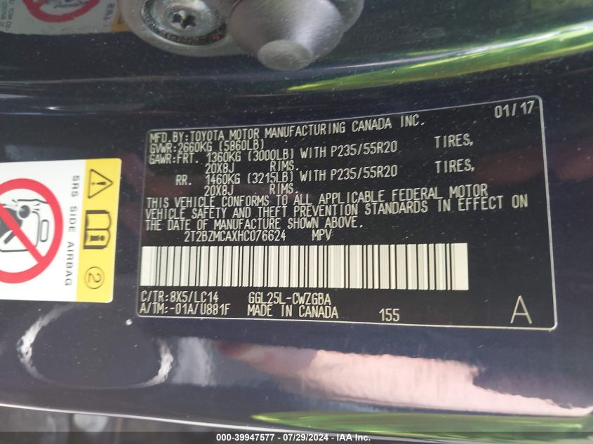 2017 Lexus Rx 350/Base/F Sport VIN: 2T2BZMCAXHC076624 Lot: 39947577