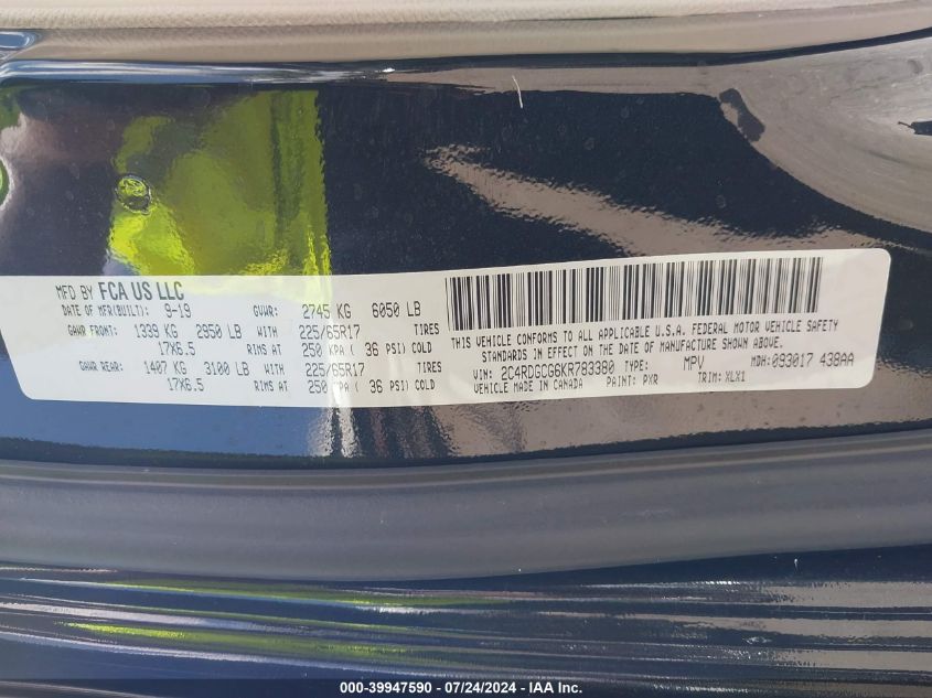 2019 Dodge Grand Caravan Sxt VIN: 2C4RDGCG6KR783380 Lot: 39947590