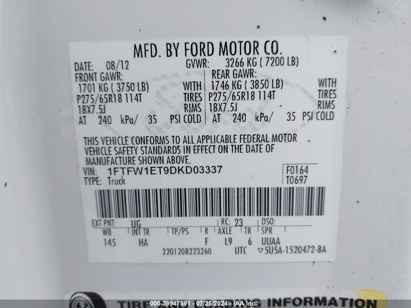 2013 Ford F150 Supercrew VIN: 1FTFW1ET9DKD03337 Lot: 39947591