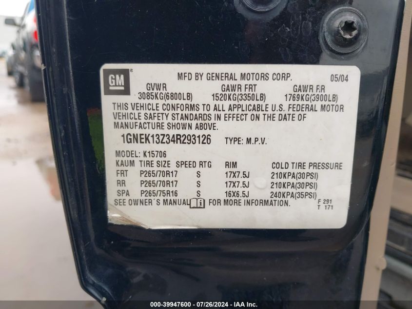 2004 Chevrolet Tahoe Z71 VIN: 1GNEK13Z34R293126 Lot: 39947600